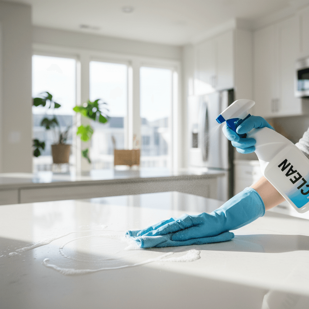 Gloved hand wiping a kitchen counter with cleaning spray