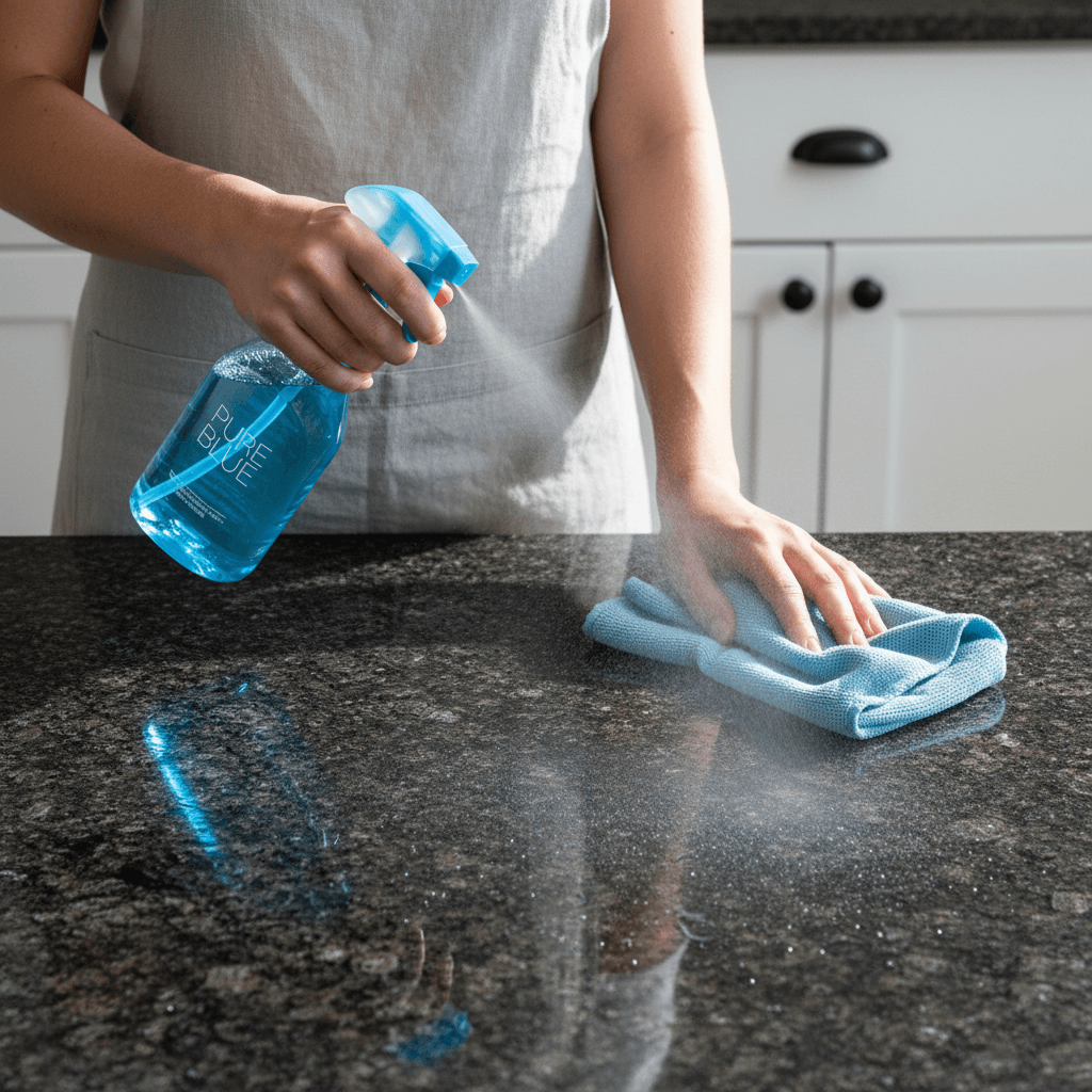 Professional cleaner wiping a kitchen counter with a spray bottle in a bright home