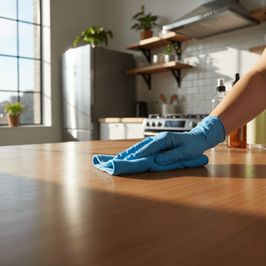 Professional cleaner wiping a kitchen counter in a bright modern home