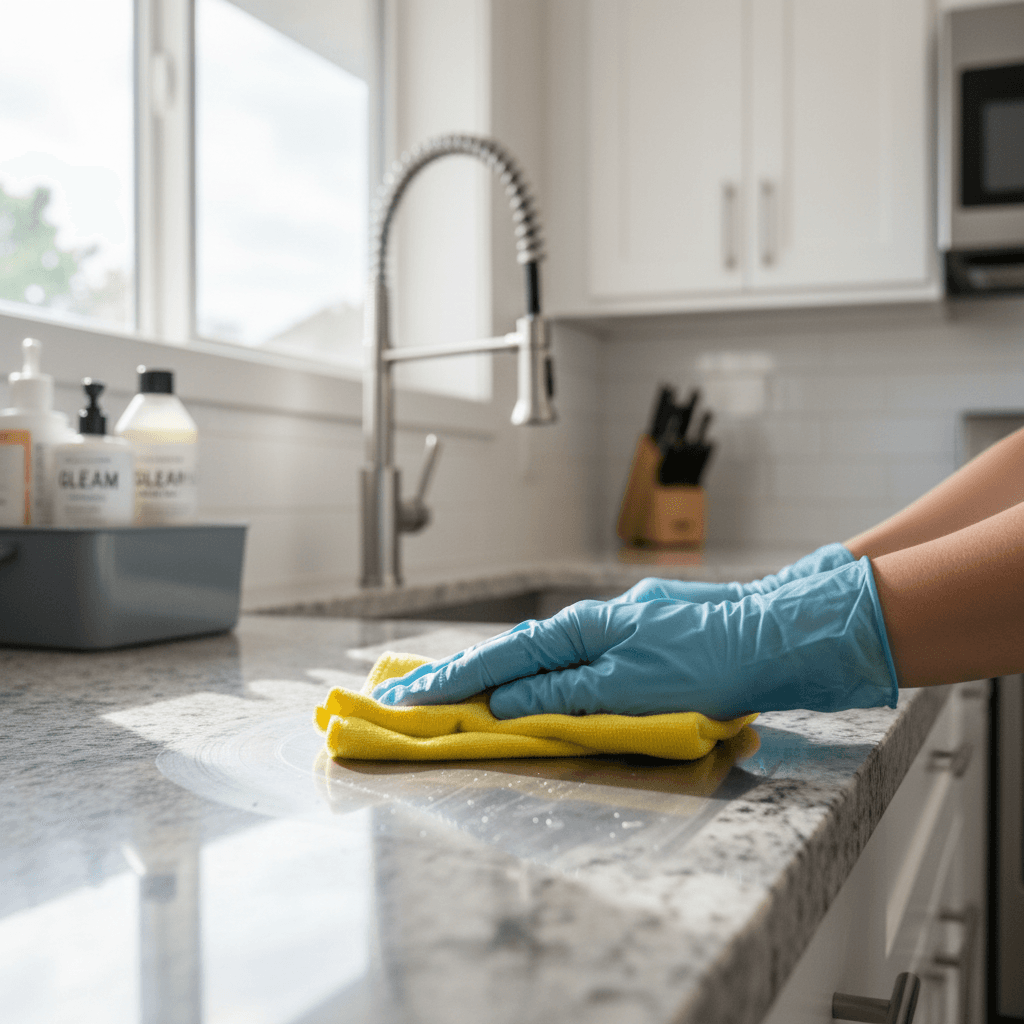 Professional cleaner wiping a kitchen counter in a bright, modern home