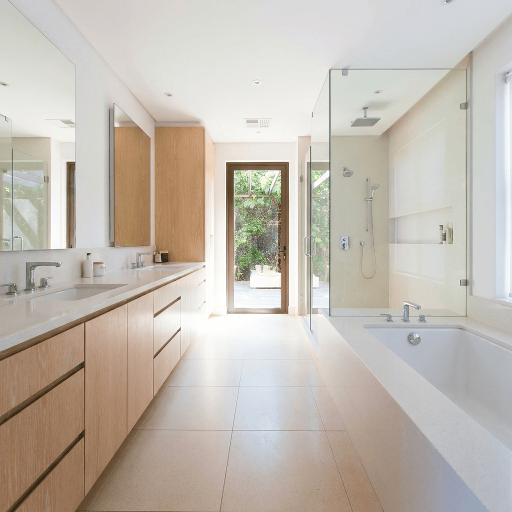 Sparkling clean bathroom with folded white towels