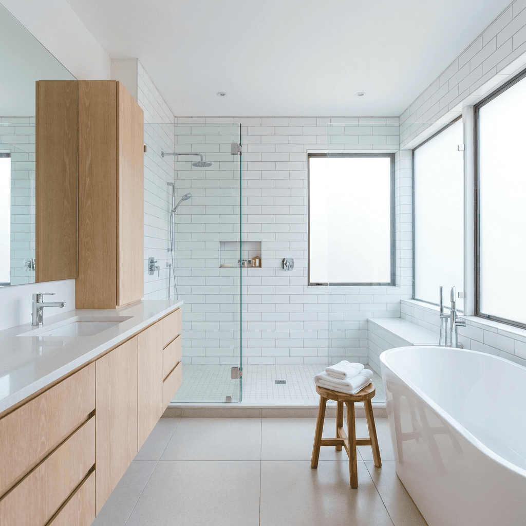 Clean modern bathroom with a shiny sink and mirror after a thorough cleaning